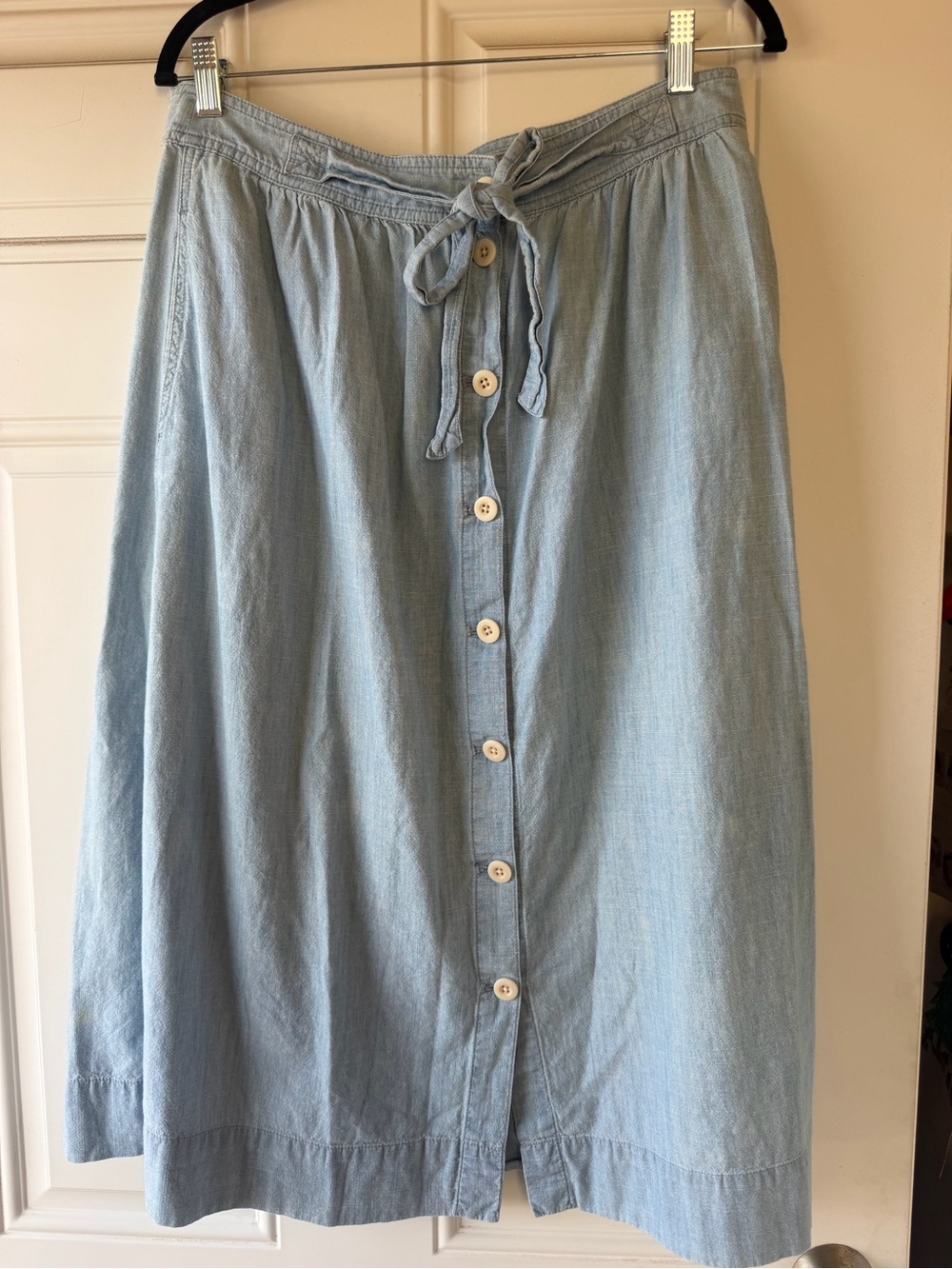Madewell Light Blue Button-Front Midi Skirt with Tie Waist